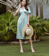 Silk Midi Dress with Flutter Sleeves and V-Neckline – Elegant Flowing A-Line Silhouette
